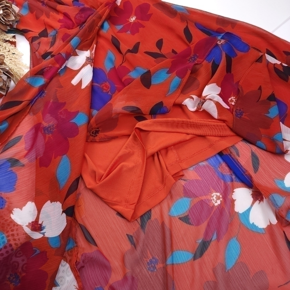 CHAPS Reddish Orange Blue Floral Dress Size 4 - Picture 12 of 15